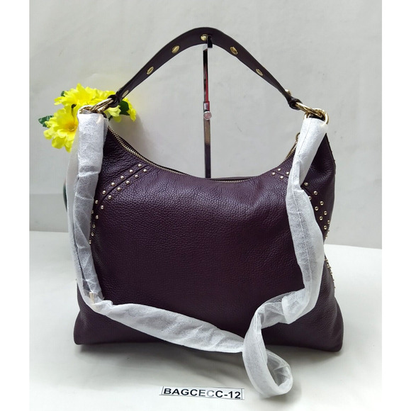 Michael Kors Aria Purple Pebbled Leather Studded Zipper Closure Shoulder Bag - Picture 2 of 16